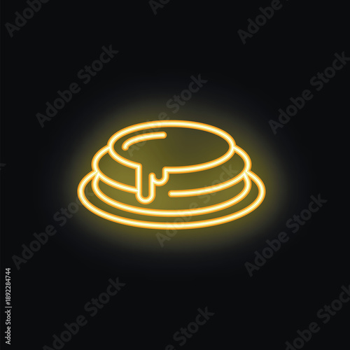 Bright yellow neon sign depicting a stack of pancakes with syrup on a plate