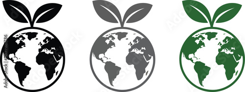 Earth globe with leaves vector icon, black and white ecology symbol