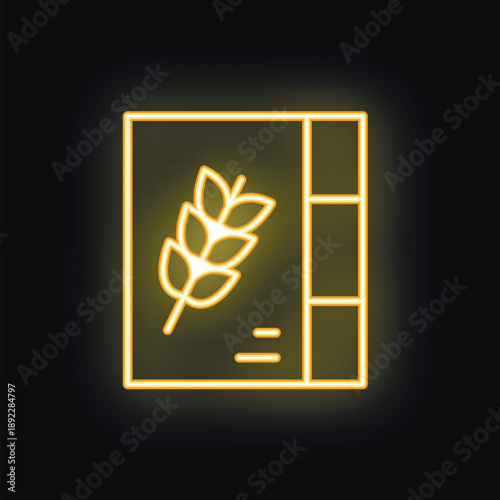 Neon sign representing a cereals packaging glowing yellow on a black background