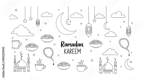 Ramadan Kareem Illustration: Artistic illustration featuring iconic symbols like crescent moons, lanterns, and other traditional elements. Celebrating the spirit of Ramadan Kareem. 