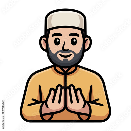Muslim Man with Prayer Hands: A serene illustration of a Muslim man with a prayerful expression, offering a gesture of devotion and spirituality.