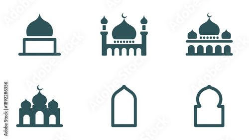 Geometric Mosque Icons: A collection of meticulously crafted, minimalist mosque icons in various designs, perfect for symbolizing spiritual locations and Islamic heritage.