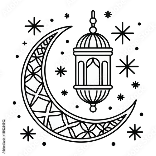 Ramadan Lantern and Crescent Moon: An elegant black and white illustration shows a traditional lantern suspended before a crescent moon, framed by stars, symbolizing the spirit of Ramadan.