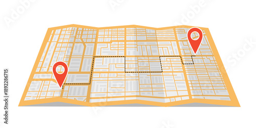 Map of city and travel destination pins lying down on the surface in flat style. Concept of travel, destination, location, route. Vector background.