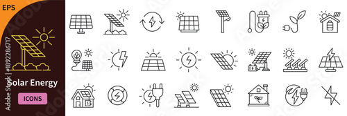Solar Energy Icon Set, Renewable Sustainable Power Thin Line Icons, Solar Panel, Green Technology, and Eco Friendly Energy Resource Symbols