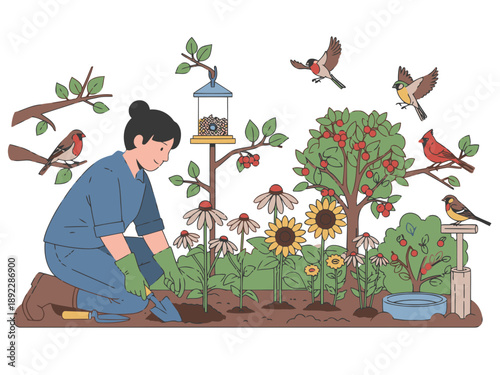 A woman tending a vibrant birdsscaping garden with feeders and native plants. A serene scene promoting nature conservation and wildlife support.  Bright, colorful, and inviting.