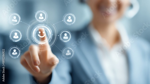 Customer Service Support: A business professional's focused interaction with an interactive digital interface, highlighting customer satisfaction.
