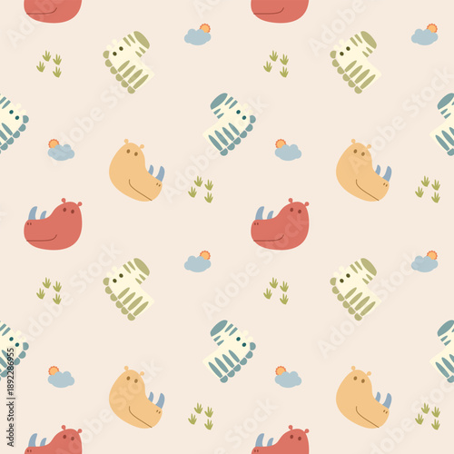 Face zebra and rhinoceros colorful cartoon so cute. On grass son cloud background. Pattern seamless vector illustration. 