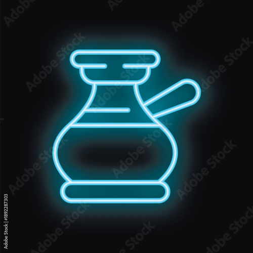 Blue neon sign depicting a traditional turkish coffee pot, illuminating the night with its vibrant glow