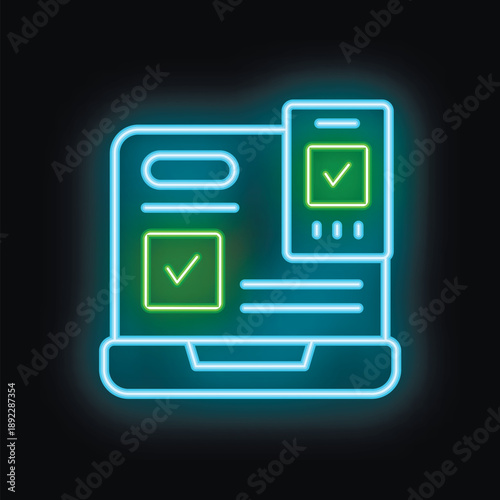 Neon icon representing a laptop and a mobile phone with green check mark, symbolizing successful validation or completion