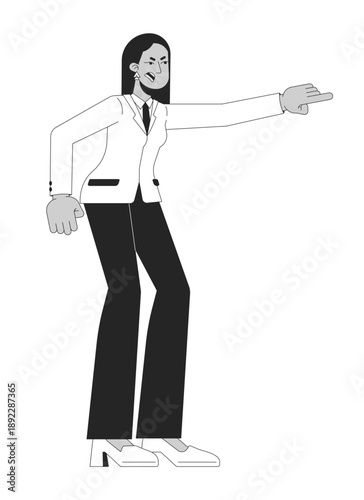 Infuriated turkish female manager pointing accusingly 2D line character. Outraged businesswoman. Middle eastern corporate woman blaming isolated vector outline person. Monochromatic spot illustration