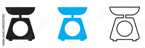  Kitchen Scale Icon Set Collection. Scale weight icon. Kitchen and bathroom scale icons in outline and solid styles, showing weight measurement tools . 
