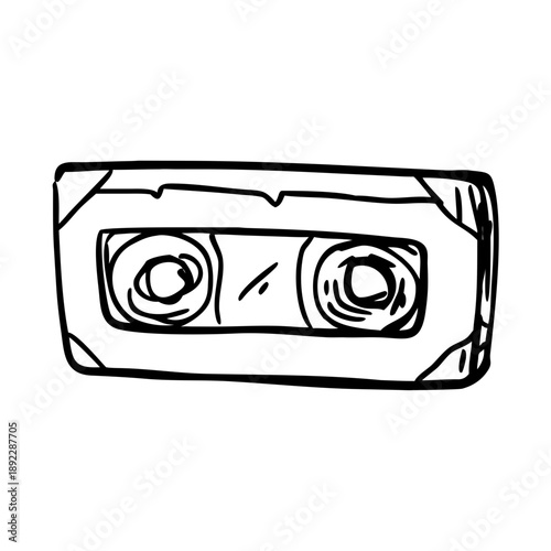 A hand-drawn sketch of a retro video cassette. Vintage VHS tape in a rough doodle style. Nostalgic 90s media vector icon