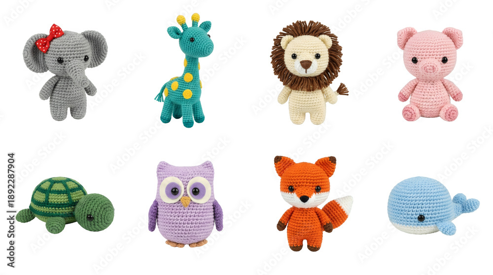 Fototapeta premium Crochet amigurumi animal set including elephant, giraffe, lion, pig, turtle, owl, fox, and whale isolated. Handmade yarn toy collection for children and nursery decor.