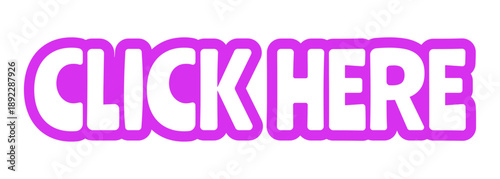Click here bold purple outline cta sticker. Interactive prompt. Navigation action. Press here. Activate link. Playful bubble text. Digital word. Magenta phrase. Web design. Ranchers font used