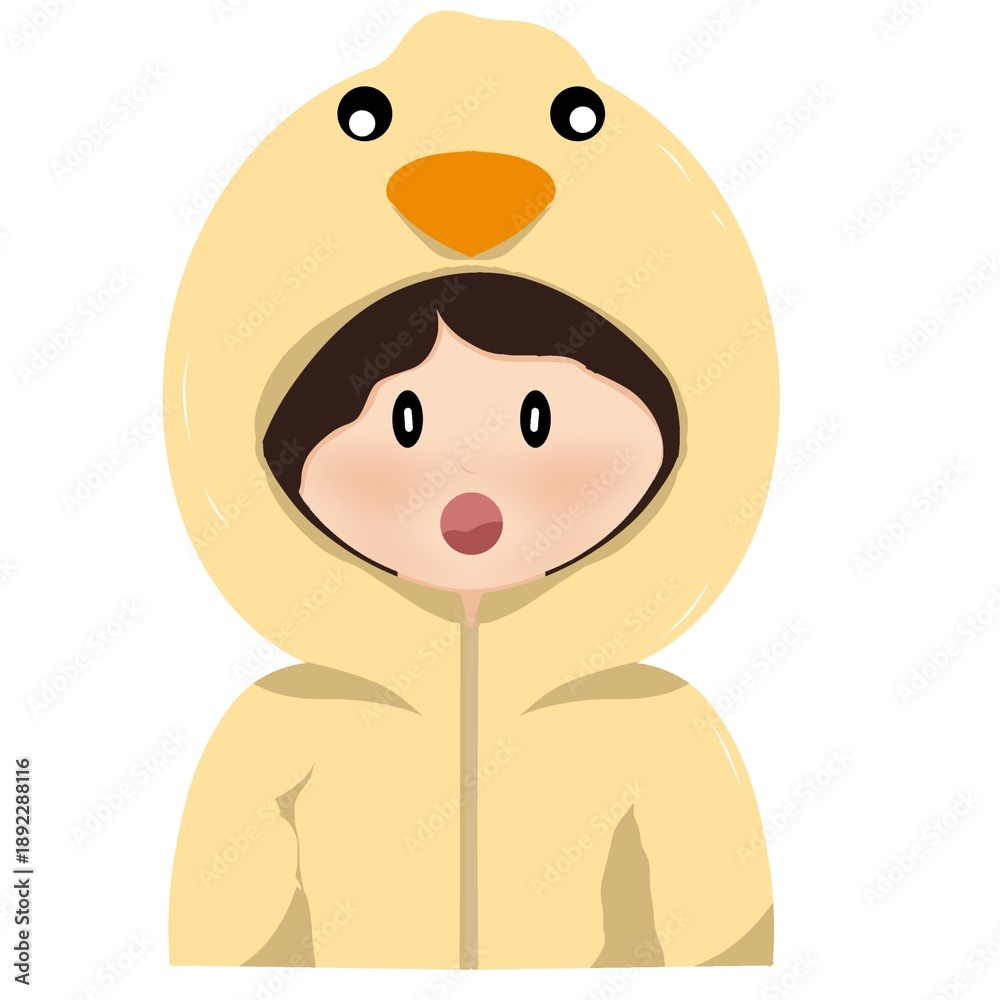 Obraz premium Cute Cartoon Child Wearing Yellow Chicken Costume 