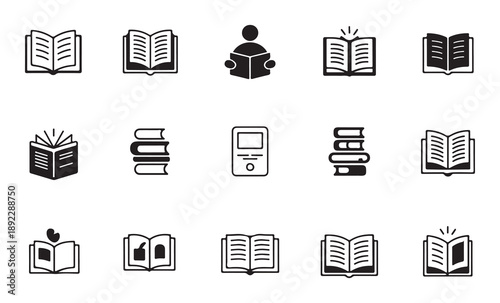 Set of fifteen diverse book and reading related icons including open closed and person reading