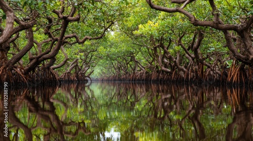 Dense mangrove forest canopy creates a tunnel over still, dark water