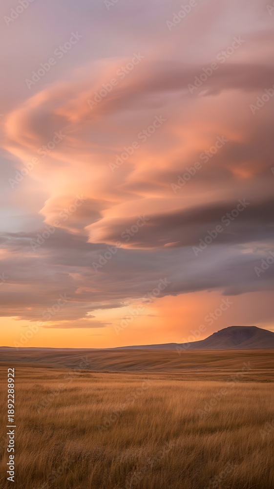 Obraz premium Beautiful landscape with rolling hills and cloudy sky at sunset
