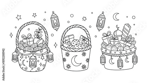 Holiday Baskets: Festive baskets overflowing with an assortment of gifts, adorned with glowing lanterns and celestial stars and crescent moons, ready to bring joy and celebration. 