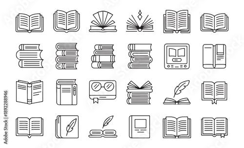 Set of book icons, outline book collection, different open and closed books, stack of books, ebook reader symbols
