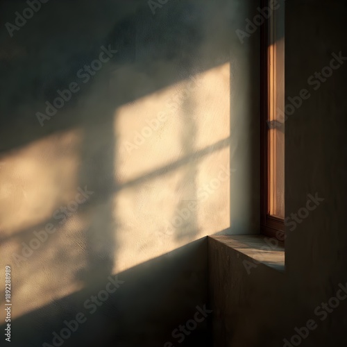 Warm morning sunlight casting window shadows on interior wall