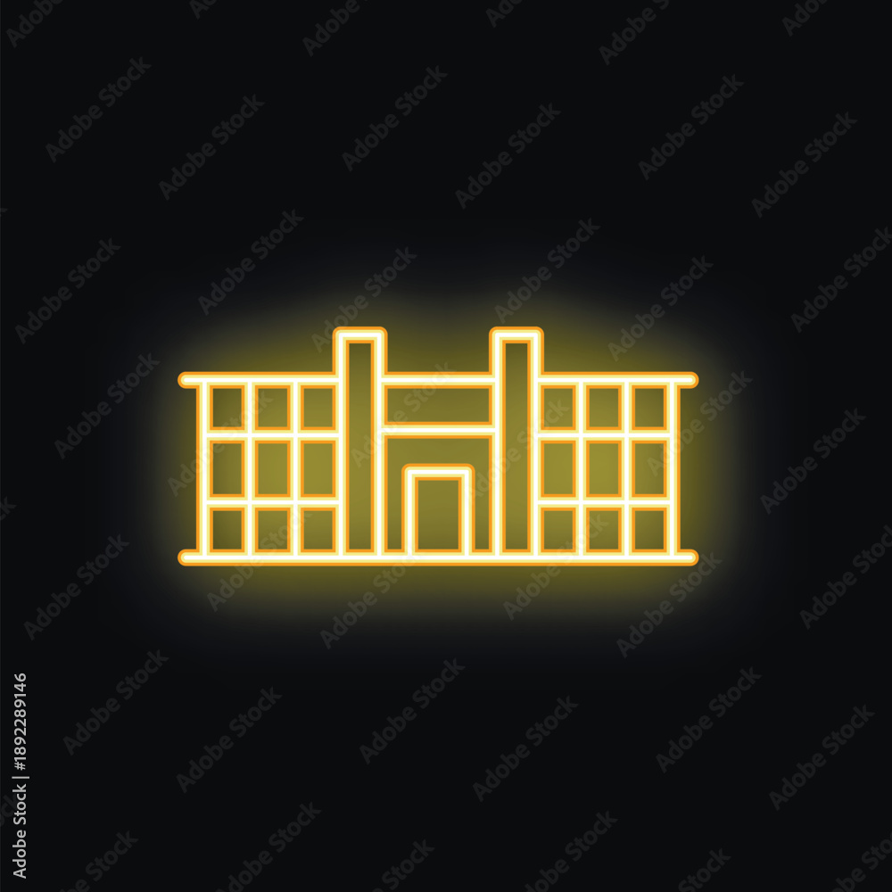 Fototapeta premium Yellow neon sign depicting a building with columns glowing on a black background