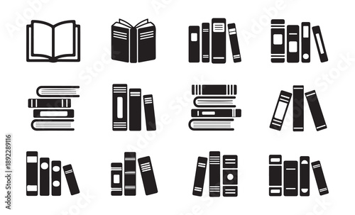 Black book icons set with solid flat style collection for library education and reading design isolated white