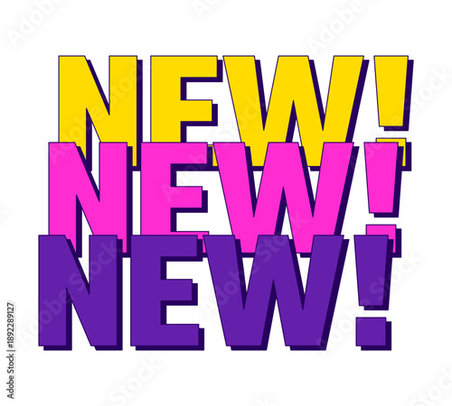 Triple new retro pop bright sticker isolated. Funky announcement. Exciting drop. Fresh arrival. Energetic shout. Badge label. Emblem tag. Bold typography. Flat vector illustration. Decorative element