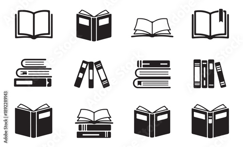 Various book icons presented in different styles like stacks shelves open and closed forms signifying reading education and knowledge learning