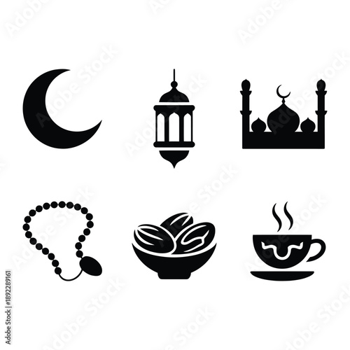 Embracing Ramadan: A selection of symbolic illustrations representing the spirit of Ramadan, from the crescent moon to dates. A visual invitation to the holy month.