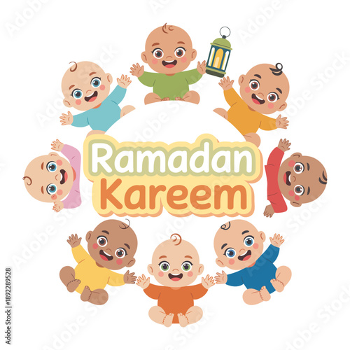 Ramadan Kareem Baby Celebration: A circle of charming, multicultural babies embraces the essence of Ramadan Kareem with joyful smiles. A heartwarming emblem of unity and celebration.