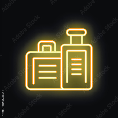 Neon glowing yellow suitcase and travel bag on black background, concept of travel and vacation