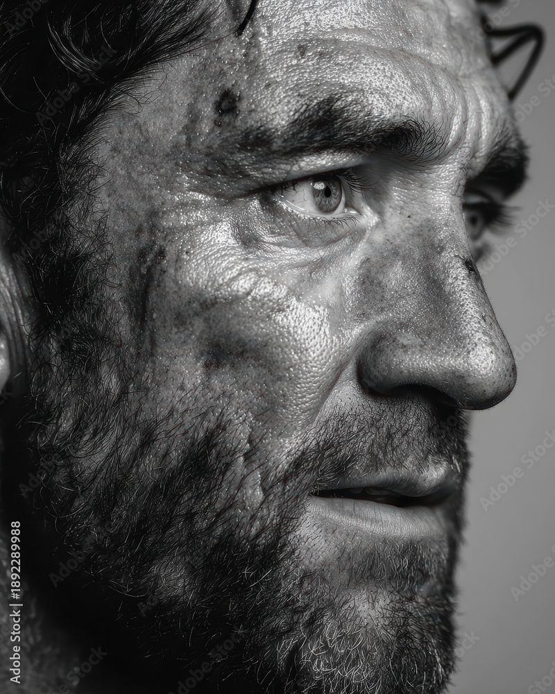 Obraz premium Intense Close-Up Portrait of Determined Man with Rugged Features in BW