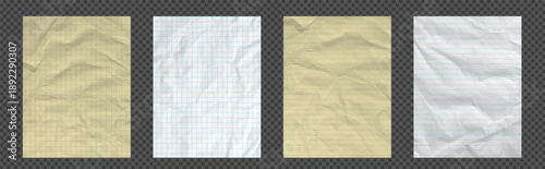 Set of paper beige backgrounds with blue grid and line pattern and crumpled texture. Realistic notebook design for craft, scrapbook or school collage and education on like transparent png bg. Vector