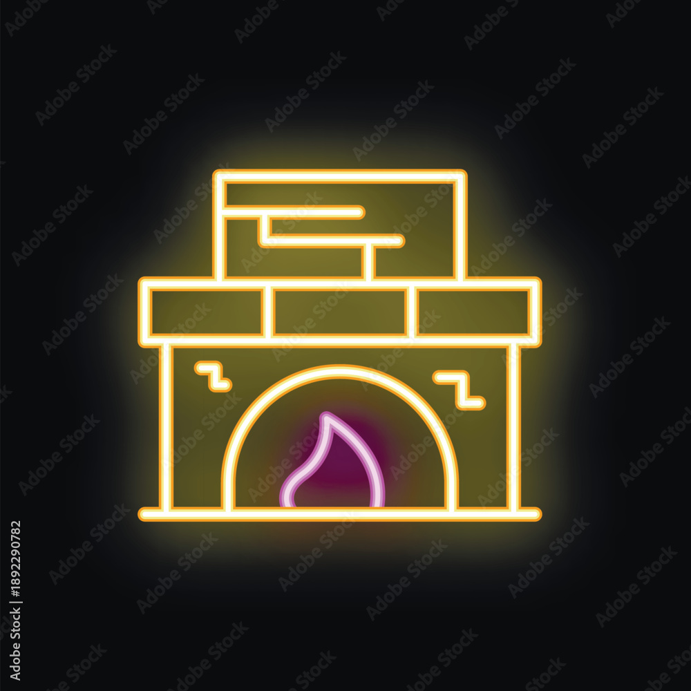Naklejka premium Neon fireplace burning with purple and yellow flames on black brick wall, concept of warmth and home
