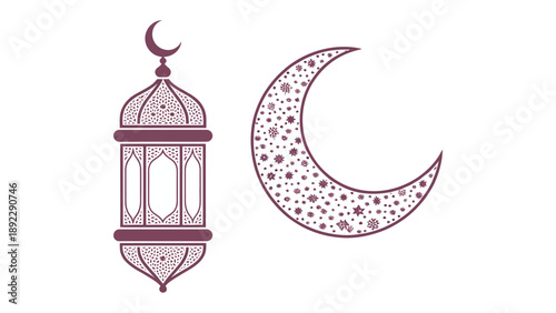 Islamic Lantern and Crescent Moon: A delicate depiction of an ornate lantern and a crescent moon, symbols of spirituality and cultural significance.