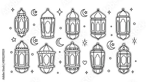 Embracing Radiance: A collection of meticulously crafted traditional lanterns and delicate celestial symbols, elegantly etched in a timeless black and white composition.