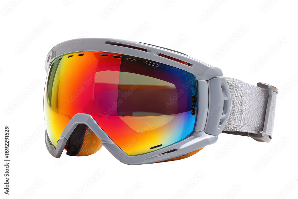 Fototapeta premium Sport ski snow goggles with a wraparound frame, mirrored reflective lens showing gradient sheen, visible strap attachment points, and a sleek protective design, isolated on transparent background