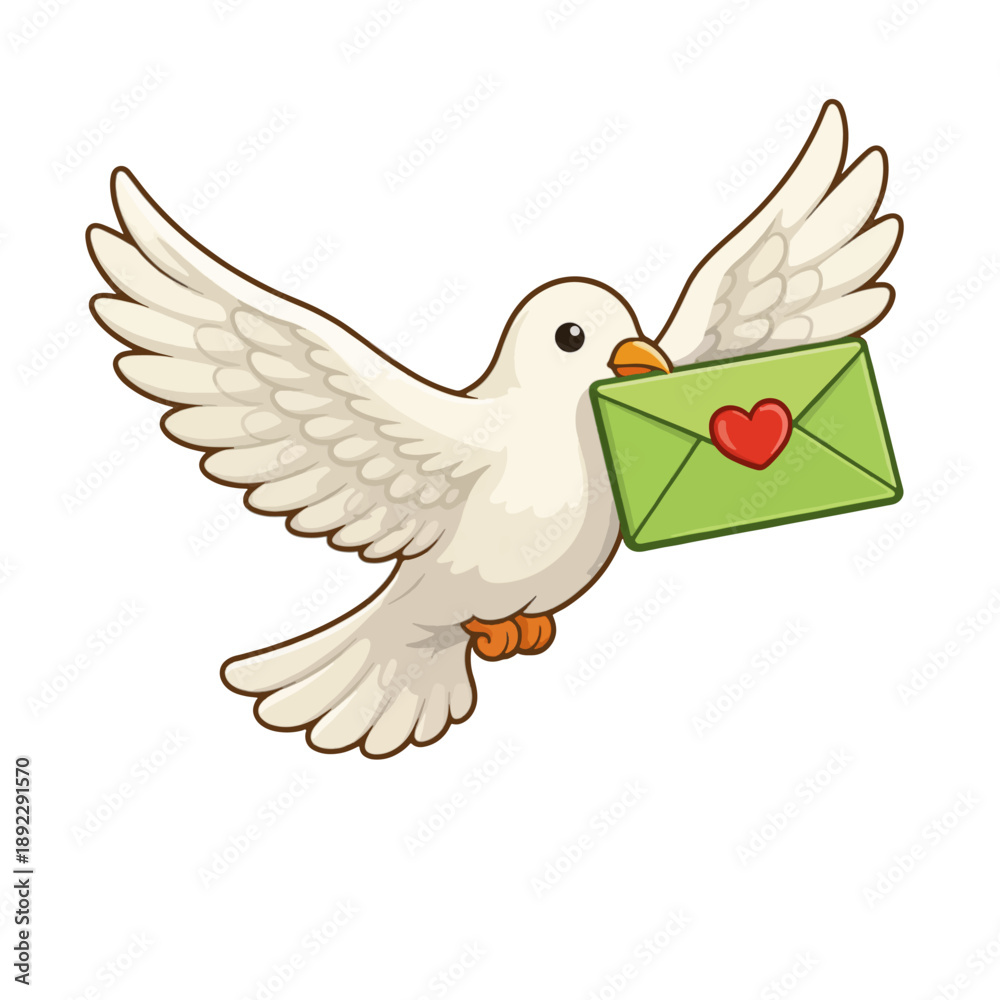 Fototapeta premium Cute White Dove Carrying Love Letter Envelope Vector Illustration for Valentine’s Day