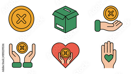 Coin and Donation: Illustration set featuring hands interacting with coins and donation box representing charity and support