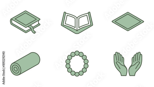 Islamic Icons: a set of isometric illustrations showcasing the essential items central to the islamic faith, from the holy book and prayer beads to the prayer mat.