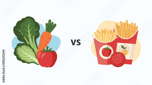 Visual comparison between healthy whole vegetables including lettuce, carrot, and tomato versus greasy fast food french fries in red packs.