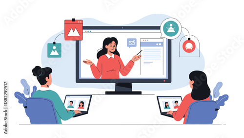 Digital classroom concept featuring a teacher on a large monitor instructing two students who are attending the virtual lesson via laptops.