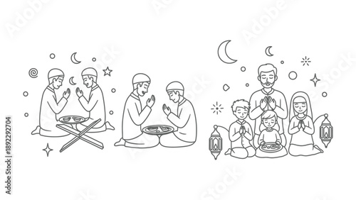 Praying Muslim: An illustration depicts scenes of Muslim people praying, highlighting the values of faith, devotion, and community spirit.