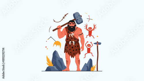 Strong caveman character dressed in animal skins holding a primitive stone hammer and standing near ancient rock drawings and stone formations.