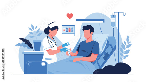 Dedicated nurse in uniform providing medical care and comfort to a male patient lying in a hospital bed with an IV drip nearby.