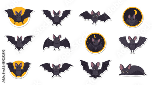 Detailed set of nocturnal bat illustrations showcasing various flying poses, resting positions, and moon backdrops in a cute cartoon style.