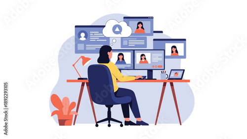 Productive woman working at a home office desk with multiple computer monitors displaying participants in a video conference call.