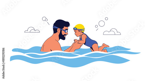 Caring father wearing goggles teaching his young baby girl to swim in the blue water with gentle waves and clouds in the background.